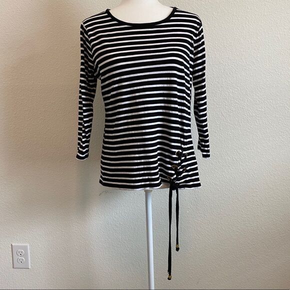 MICHAEL Michael Kors Black Stripe Front Tie 3/4 Sleeve Stretchy Top Large - Picture 1 of 11